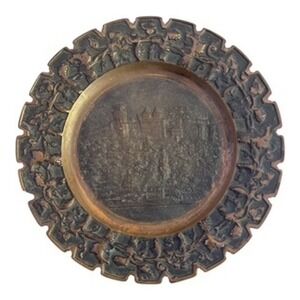Antique Copper Relief Plate European Castle Scene Grape Vine Scalloped Edge 8"